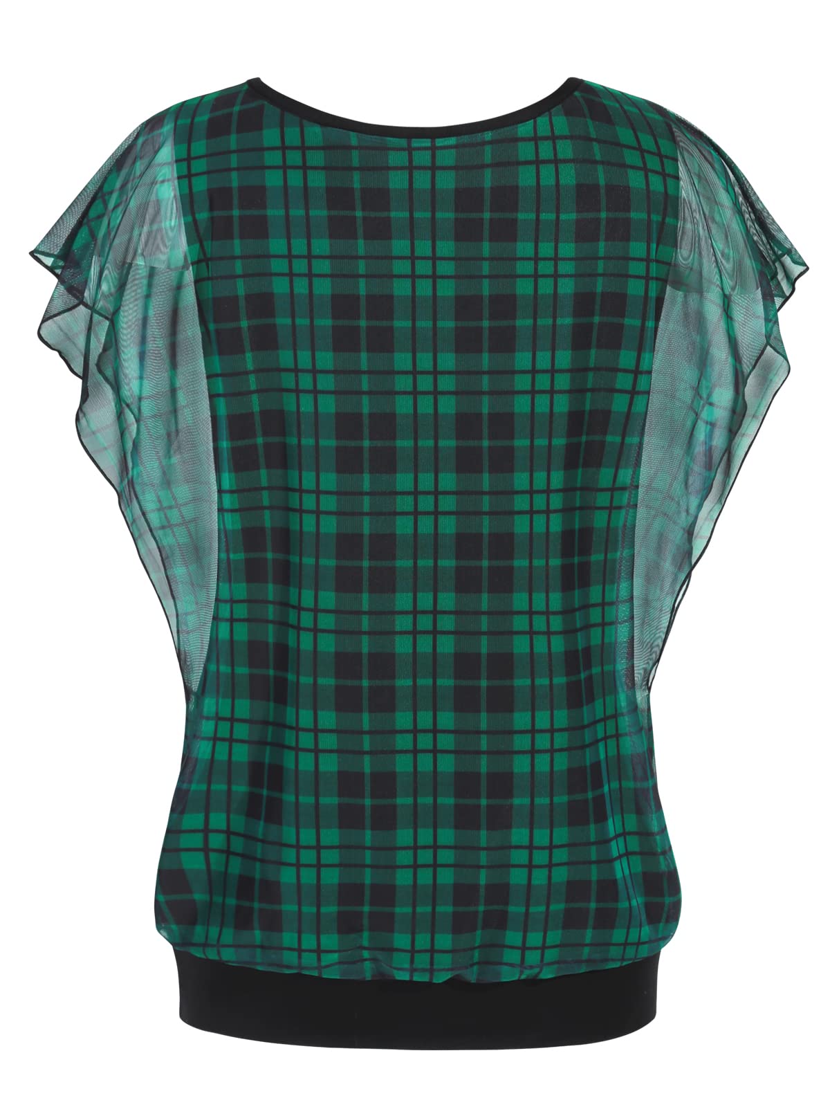 BAISHENGGT Green Plaid Detachable Corsage Women's Printed Flouncing Flared Short Sleeve Mesh Blouse Tops