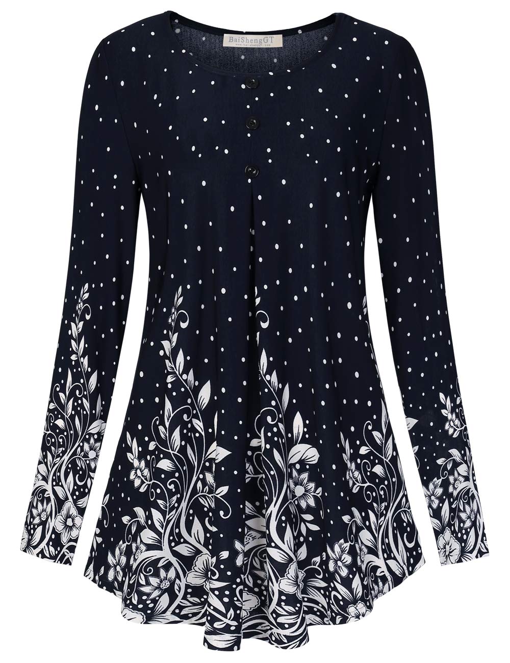 BAISHENGGT Navy Floral Long Sleeve Women's O Neck A line Blouse Floral Lace Tunic Tops