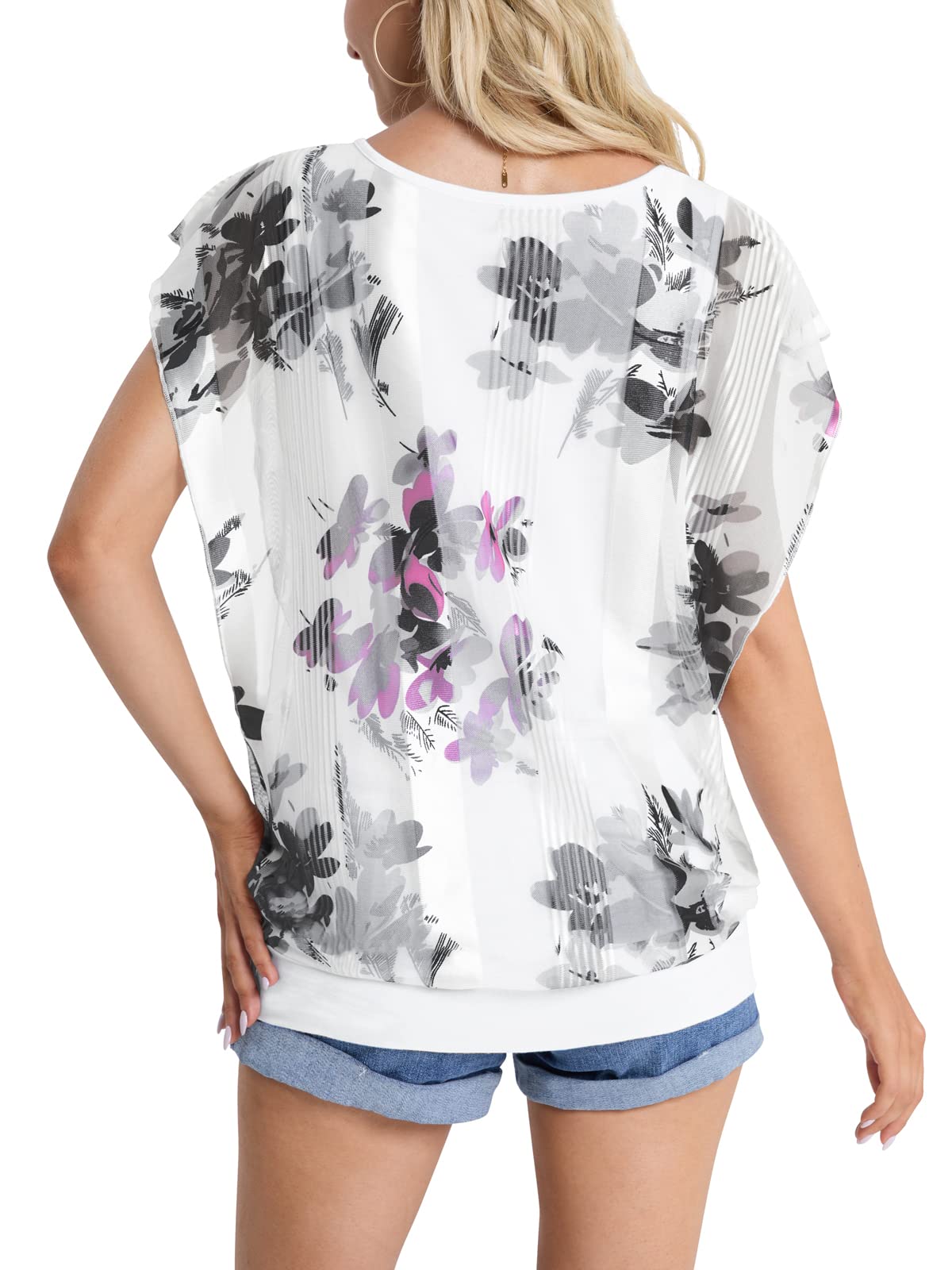 BAISHENGGT White Floral Printed Women's Printed Flouncing Flared Short Sleeve Mesh Blouse Tops