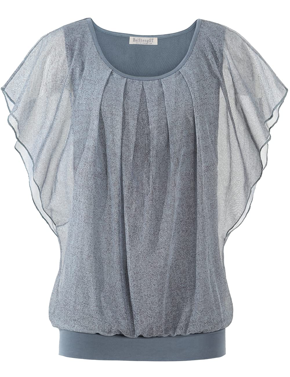 BAISHENGGT Unique Grey Women's Printed Flouncing Flared Short Sleeve Mesh Blouse Tops