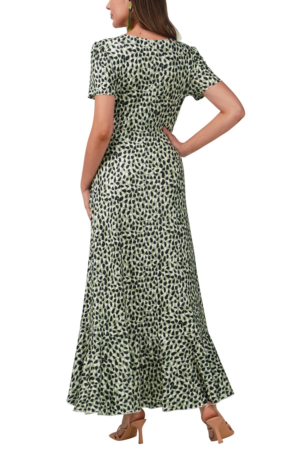 BAISHENGGT Womens Summer Short Sleeve Wrap V Neck Dress Green Petaloid Print Ruffle Hem Bohemian Flowy Long Maxi Dresses