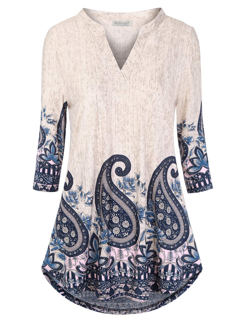 BAISHENGGT Aprioct Paisley Womens 3/4 Sleeve Floral Printed Notch V Neck Blouses Tunics Tops