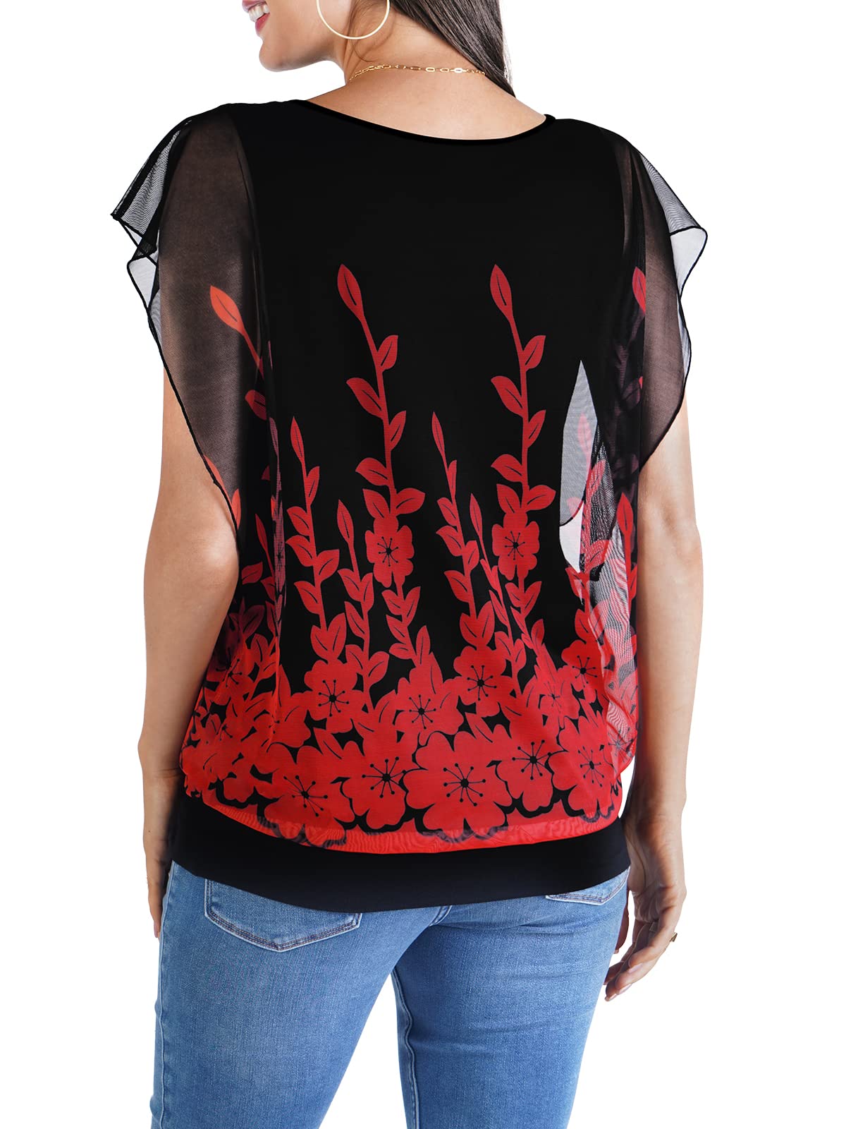 BAISHENGGT Red Floral Women's Printed Flouncing Flared Short Sleeve Mesh Blouse Tops