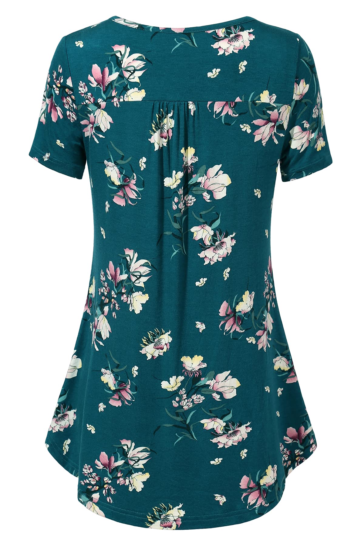 BAISHENGGT Deep Lake Floral Women's V Neck Buttons Pleated Flared Comfy Tunic Tops