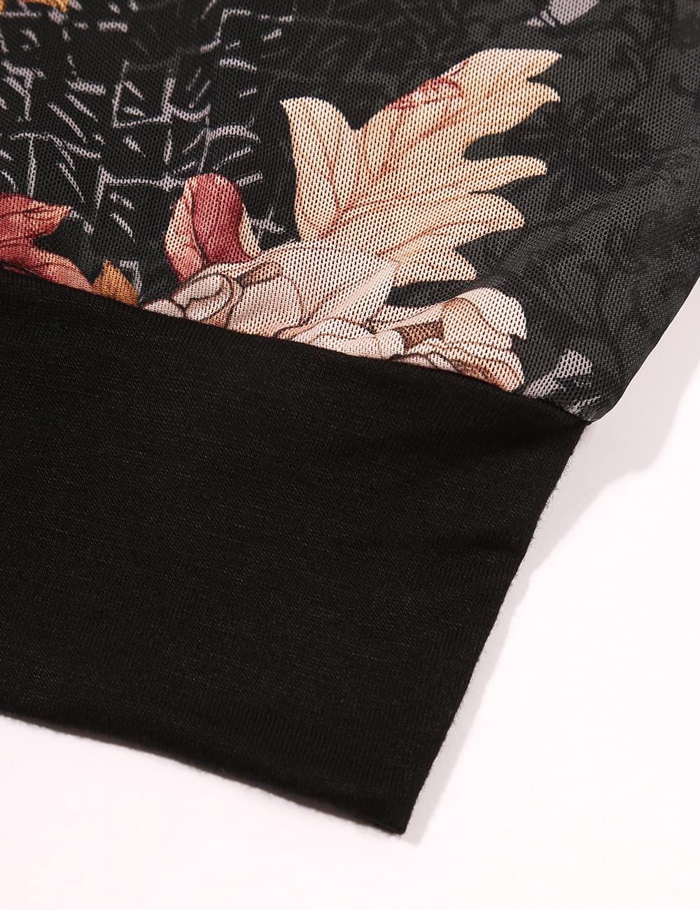 BAISHENGGT Black Peony Flower Women's Printed Flouncing Flared Short Sleeve Mesh Blouse Tops