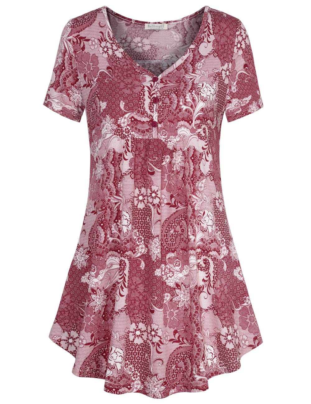 BAISHENGGT Women's Deep Red Print V Neck Buttons Pleated Flared Comfy Tunic Tops