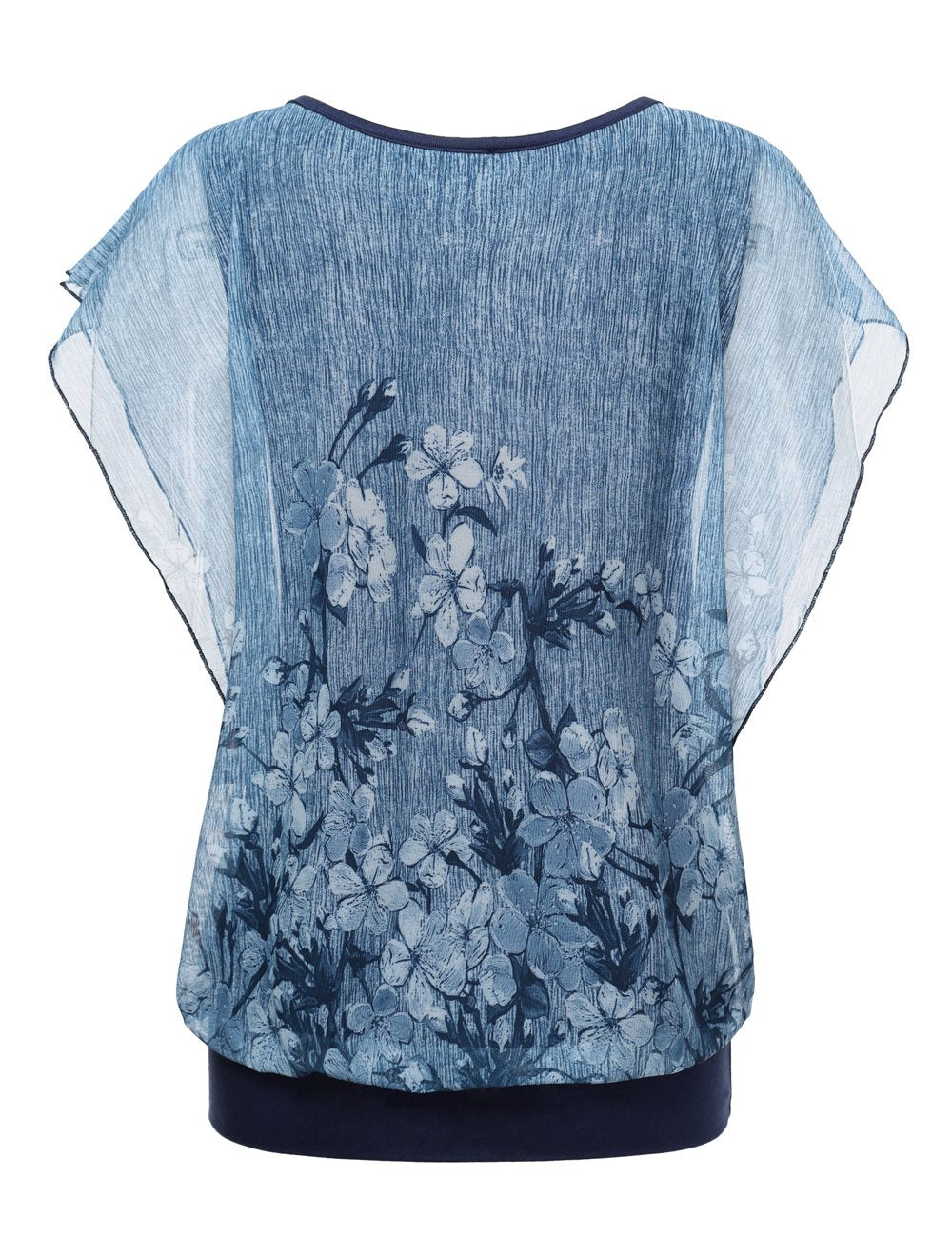 BAISHENGGT Blue Floral Women's Printed Flouncing Flared Short Sleeve Mesh Blouse Tops