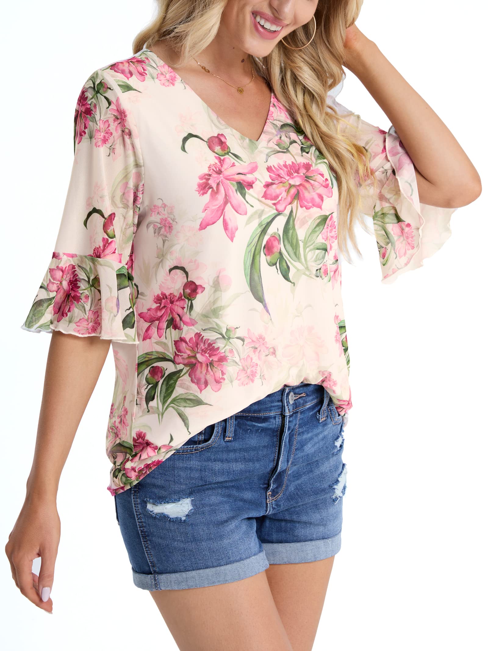 BAISHENGGT Peony Print Women's Summer Casual V Neck Ruffle Bell Sleeve Blouse Tops Loose Comfy T Shirt