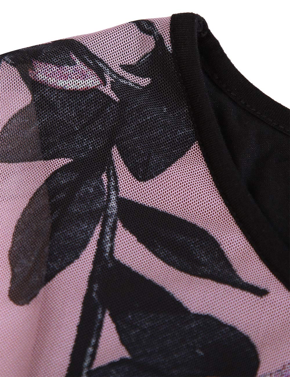 BAISHENGGT Pink Rose Women's Printed Flouncing Flared Short Sleeve Mesh Blouse Tops