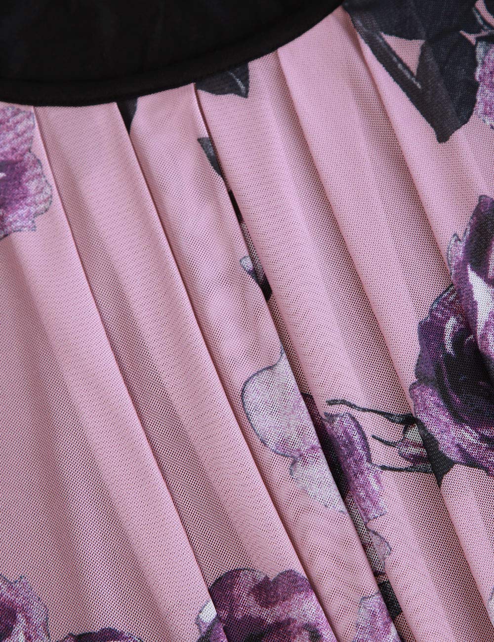 BAISHENGGT Pink Rose Women's Printed Flouncing Flared Short Sleeve Mesh Blouse Tops