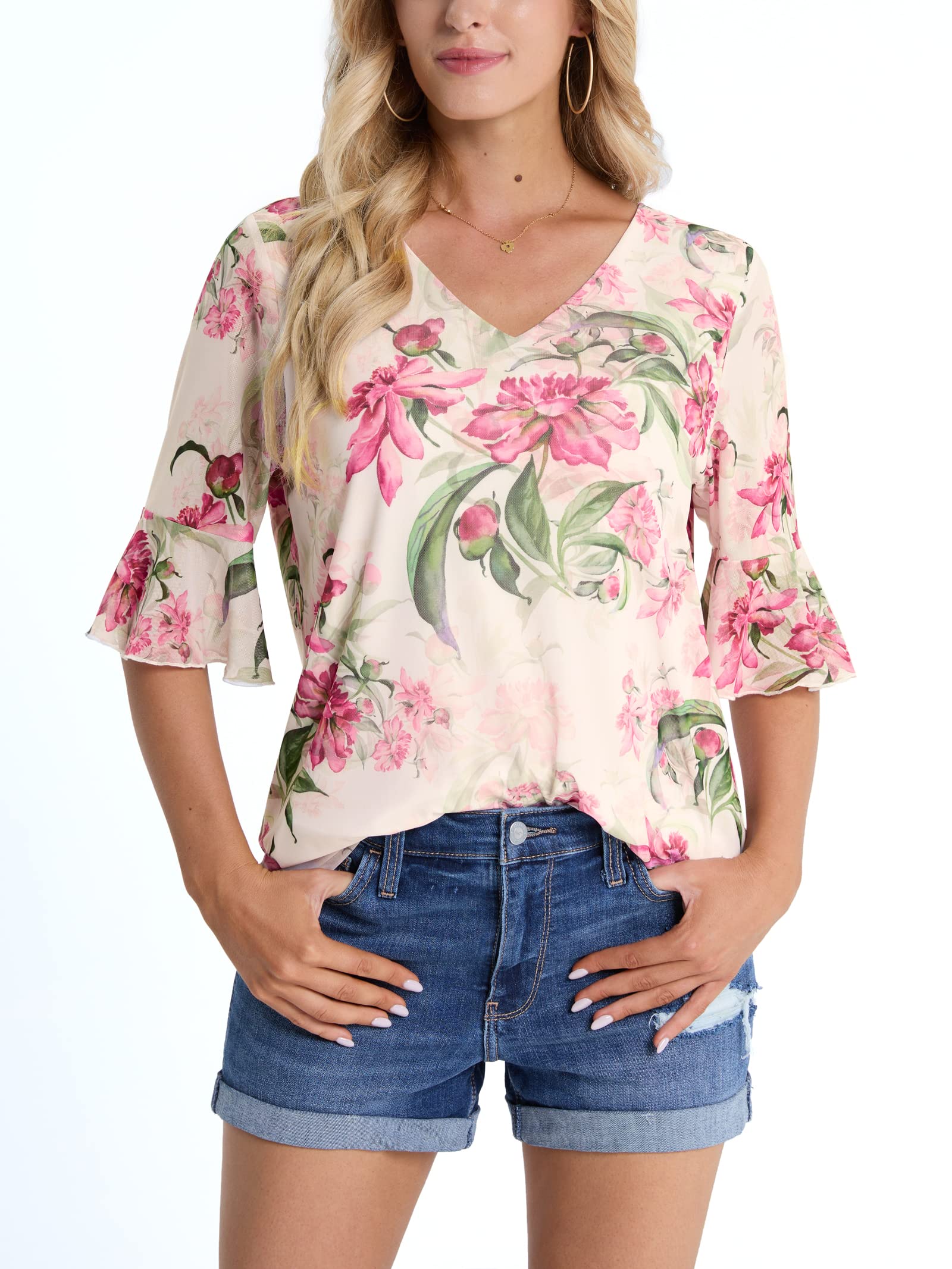 BAISHENGGT Peony Print Women's Summer Casual V Neck Ruffle Bell Sleeve Blouse Tops Loose Comfy T Shirt