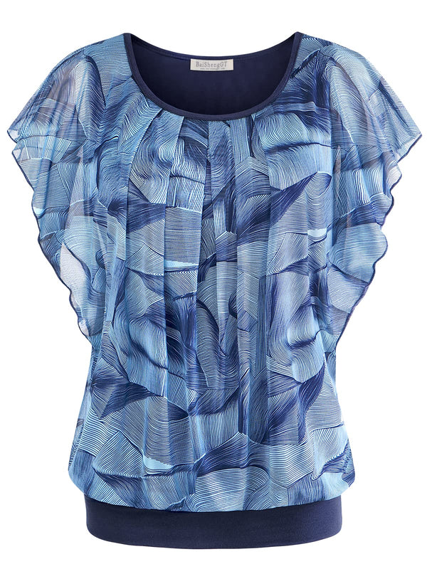BAISHENGGT Blue Leaves Women's Printed Flouncing Flared Short Sleeve Mesh Blouse Tops