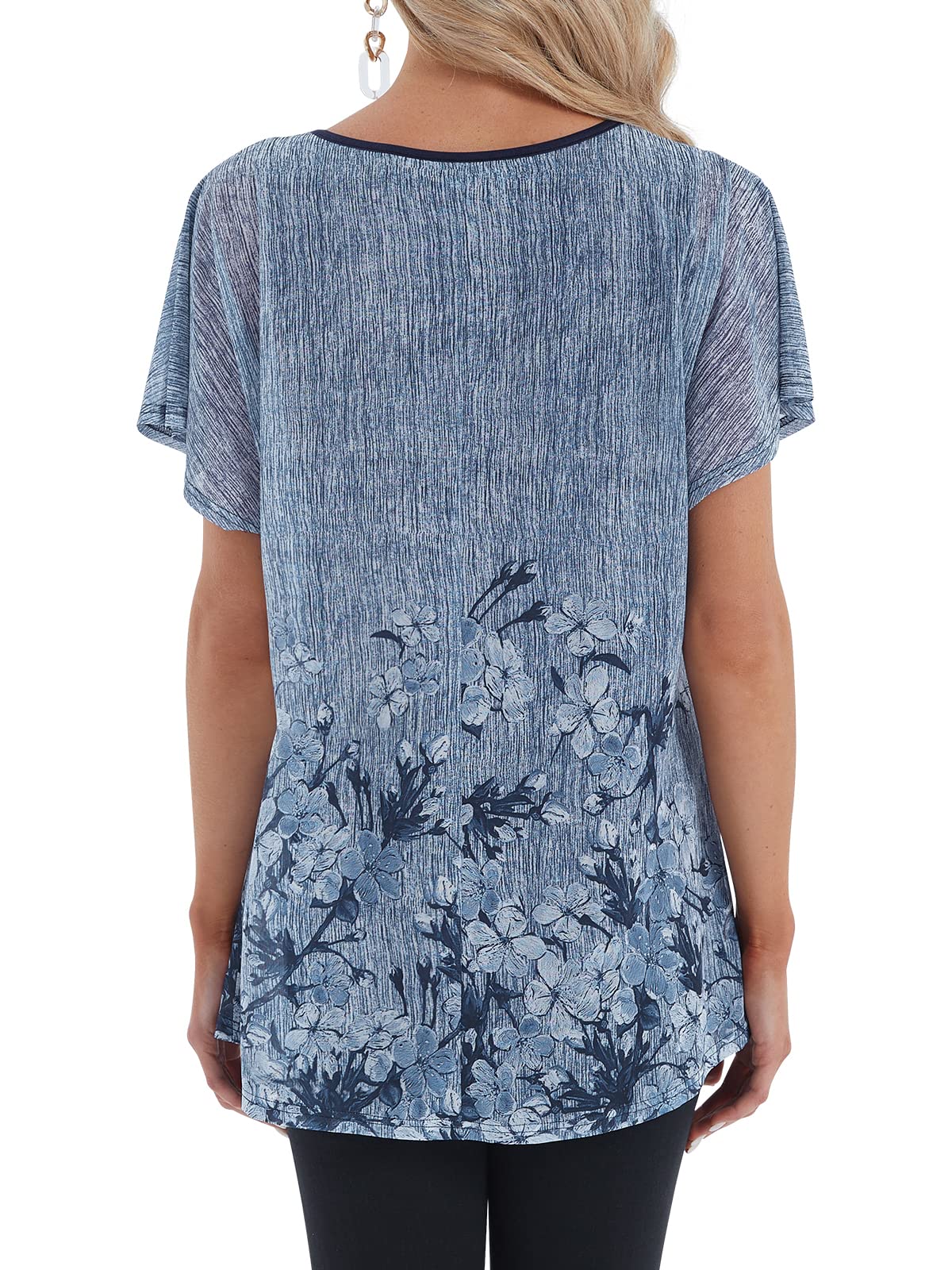 BAISHENGGT Blue Floral Womens Flouncing Flared Short Sleeve Pleated Front Mesh Blouses Tops