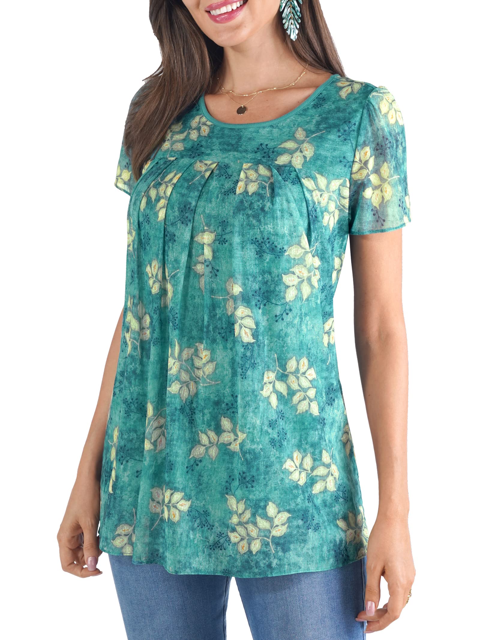 BAISHENGGT Teal Floral Womens Summer Casual Tunics Tops Floral Pleated Front Short Sleeve Flowy Mesh Layers Shirts Blouses