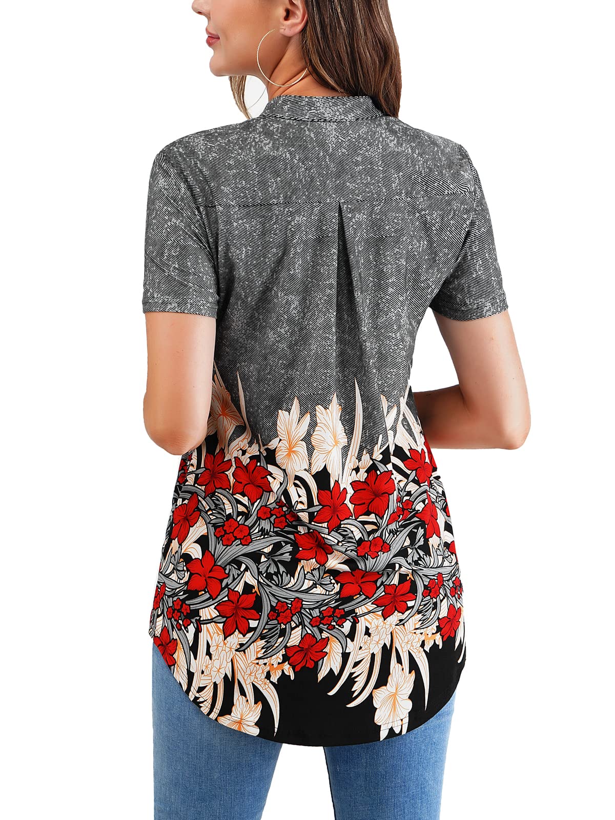 BAISHENGGT Womens Short Sleeve-grey Flower Printed Notch V Neck Blouses Tunics Tops