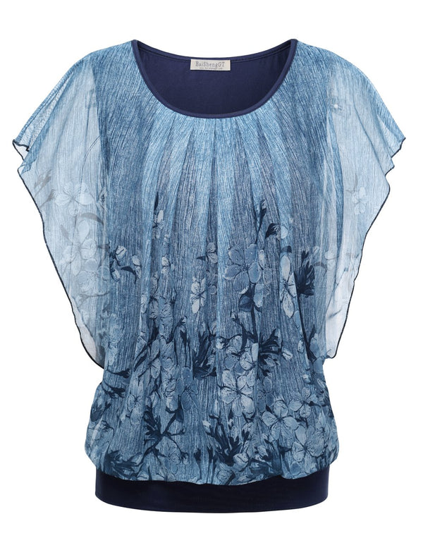 BAISHENGGT Blue Floral Women's Printed Flouncing Flared Short Sleeve Mesh Blouse Tops