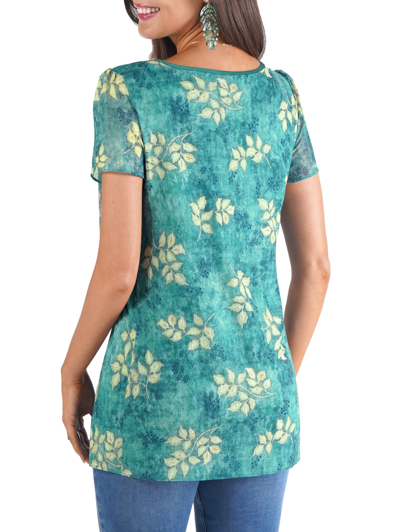 BAISHENGGT Teal Floral Womens Summer Casual Tunics Tops Floral Pleated Front Short Sleeve Flowy Mesh Layers Shirts Blouses