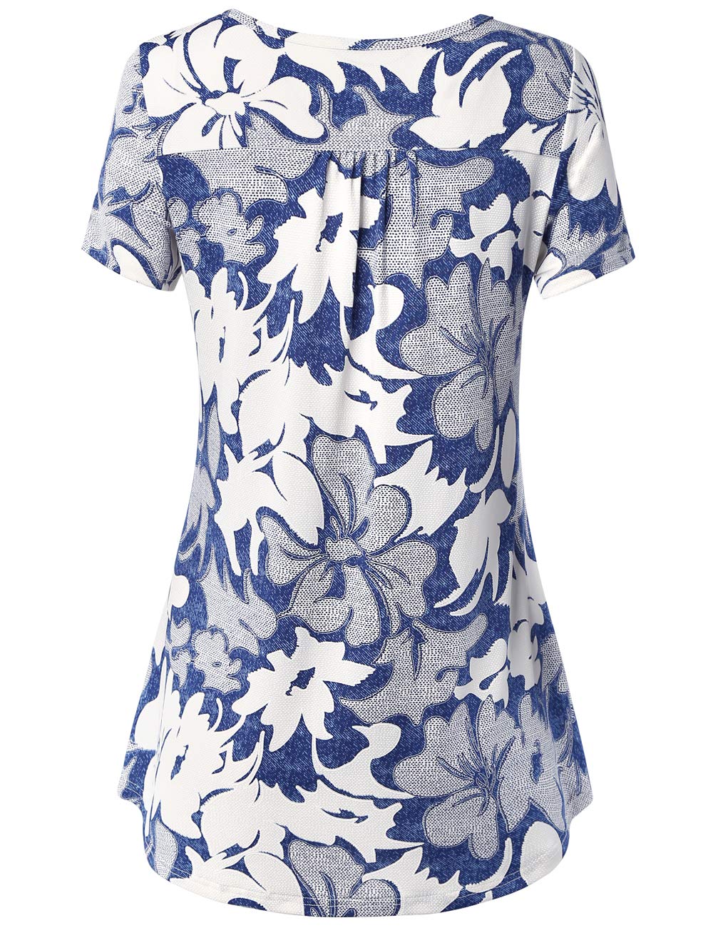 BAISHENGGT Blue Whtie Floral Women's V Neck Buttons Pleated Flared Comfy Tunic Tops