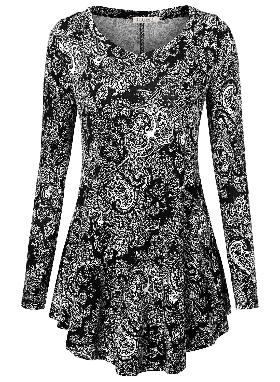 BAISHENGGT Black Paisley Women's Long Sleeve Loose Flared Tunic Tops